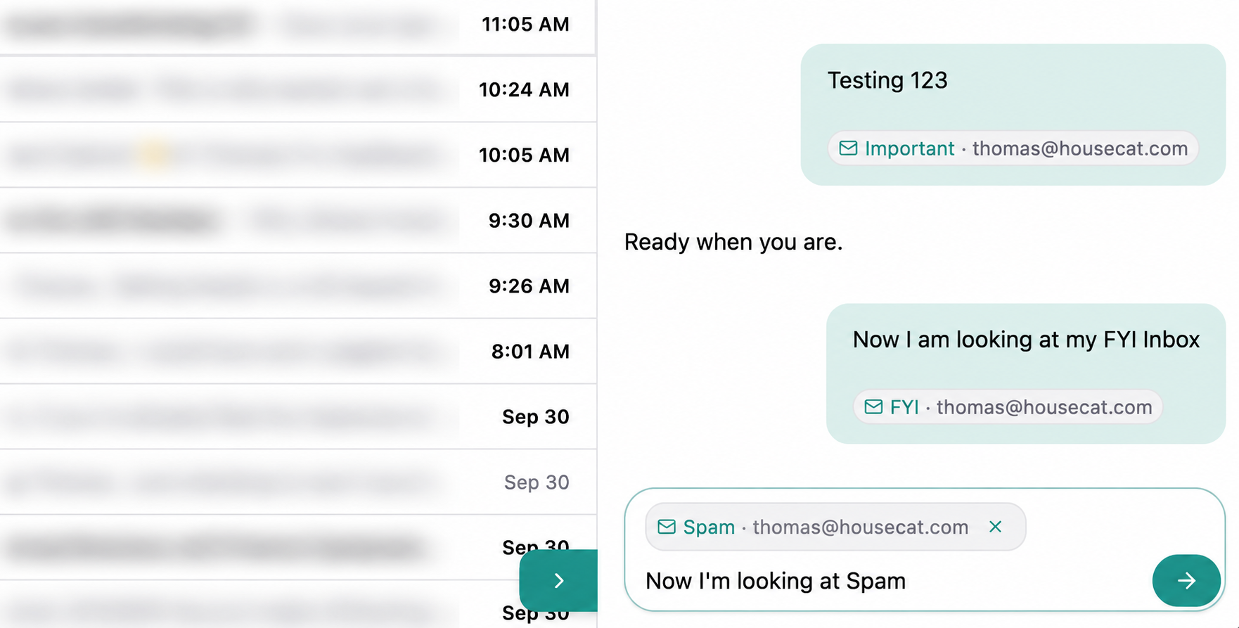 Housecat chat showing Important, FYI and Spam context chips beside an email list with blurred subjects and previews.