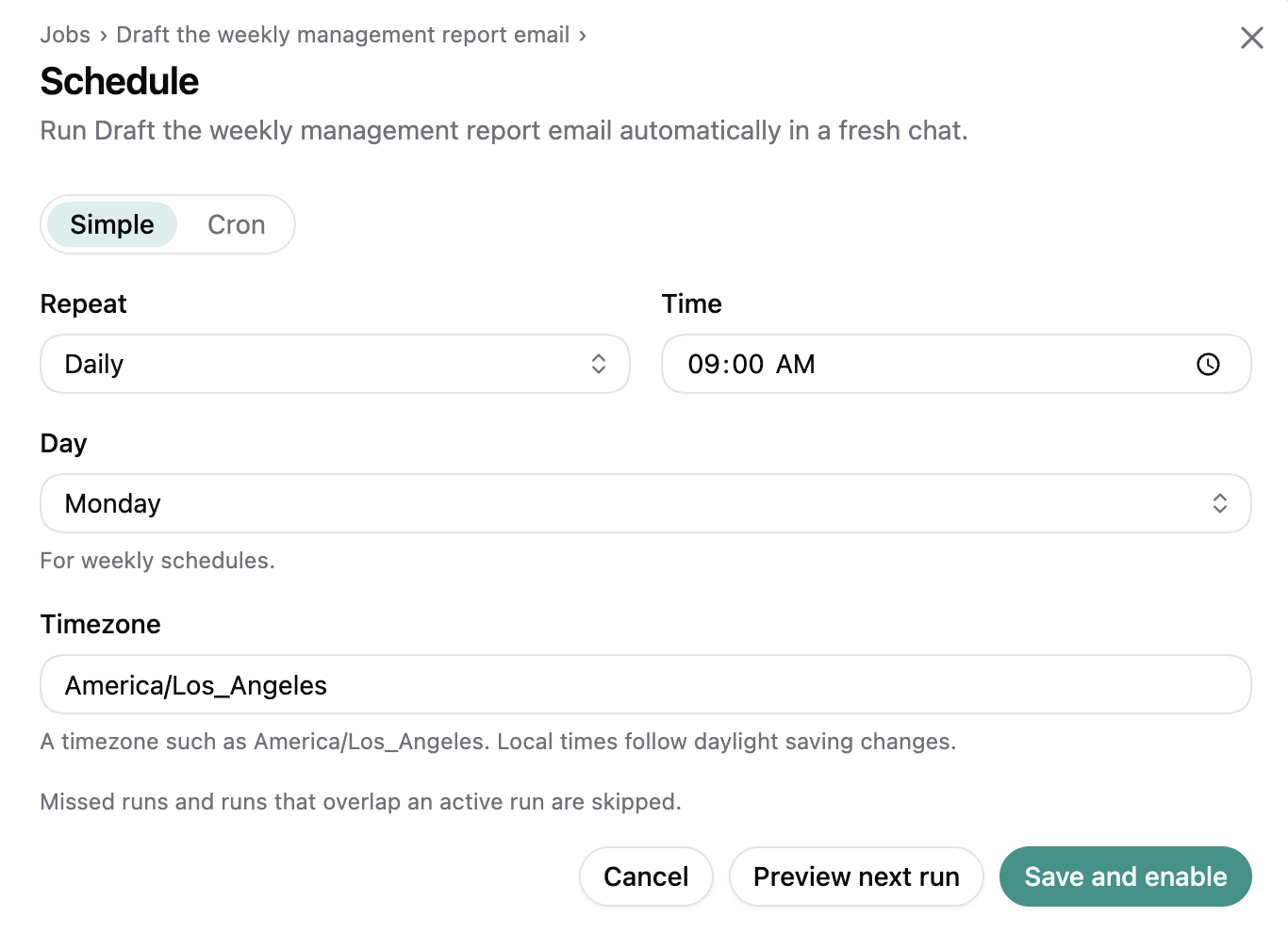 Schedule settings for an agent chat, with repeat, time, day, timezone, and a preview of the next run.